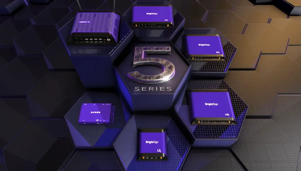 BrightSign 5 Series digital signage media players displayed on futuristic hexagonal platforms.